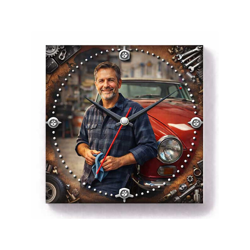 Hodiny z vlastní fotografie – autodílna