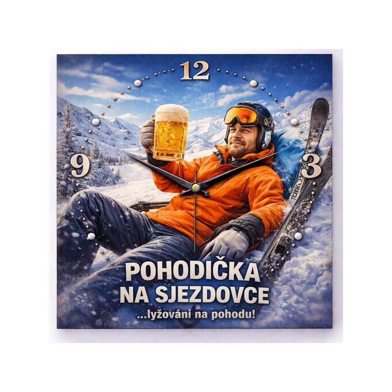 Hodiny z vlastní fotografie – parodie lyžování