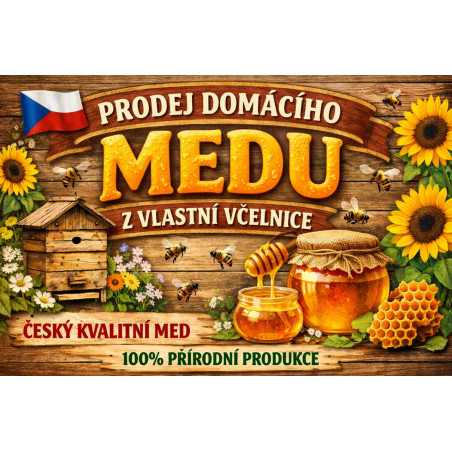 Cedule pro prodej medu – Dřevěná včelnice se slunečnicemi