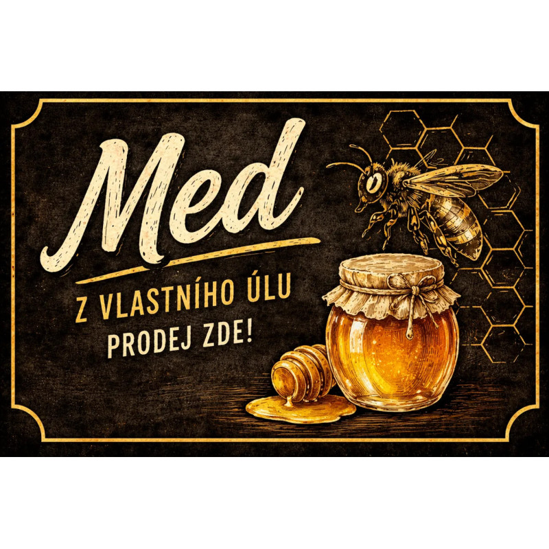 Cedule pro prodej medu – Vintage černý styl s včelou