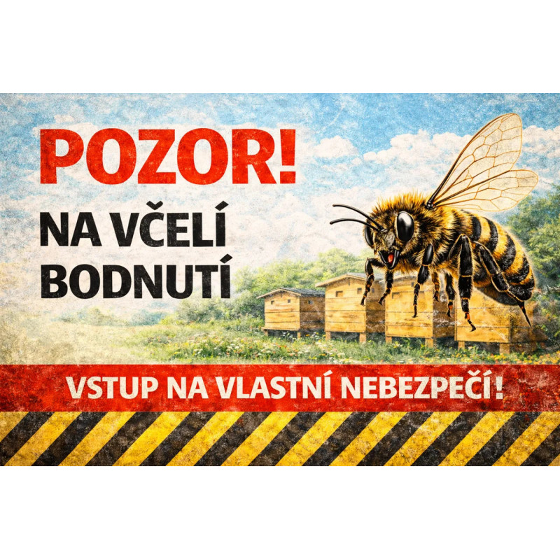 Cedule Pozor, včely – Včelí bodnutí vstup na vlastní nebezpečí