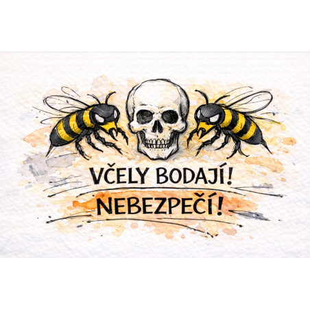 Cedule Pozor, včely – Nebezpečné včely lebka styl