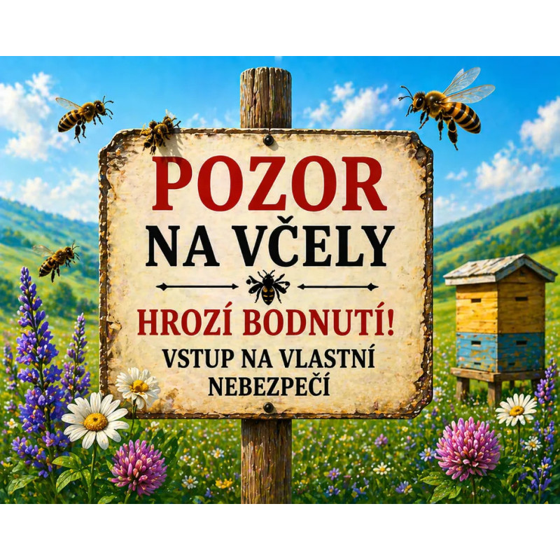 Cedule Pozor, včely – Venkovní cedule u úlu