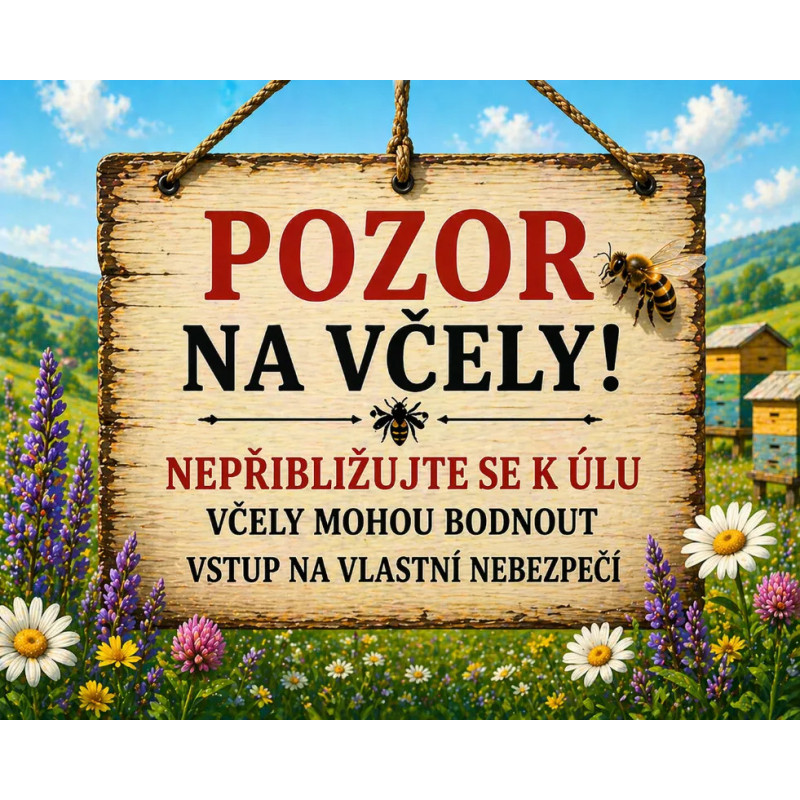 Cedule Pozor, včely – Závěsná cedule u včelnice