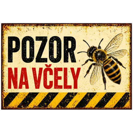 Cedule Pozor, včely – Výstražná cedule retro pruhy