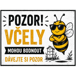 Cedule Pozor, včely – Veselá včela s brýlemi