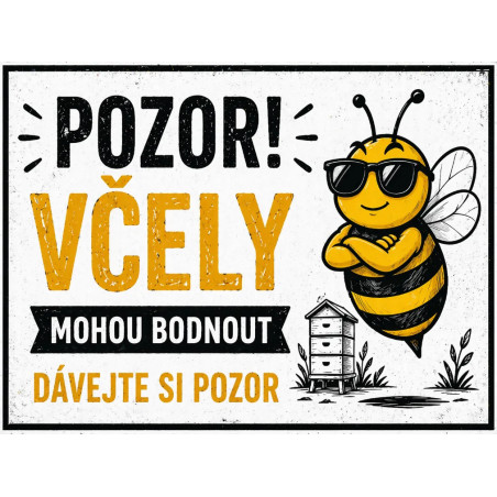 Cedule Pozor, včely – Veselá včela s brýlemi