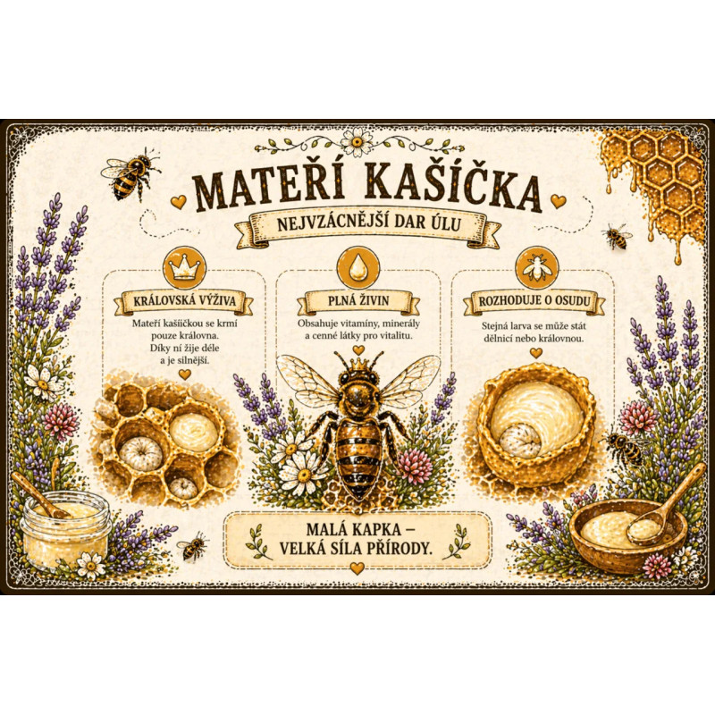 Naučná cedule Mateří kašička – Nejvzácnější dar úlu