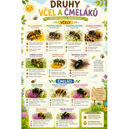 Naučná cedule Druhy včel a čmeláků – Přehled opylovačů