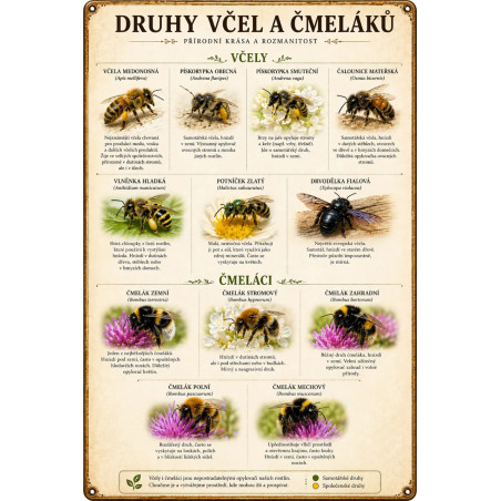 Naučná cedule Druhy včel a čmeláků – Detailní atlas opylovačů