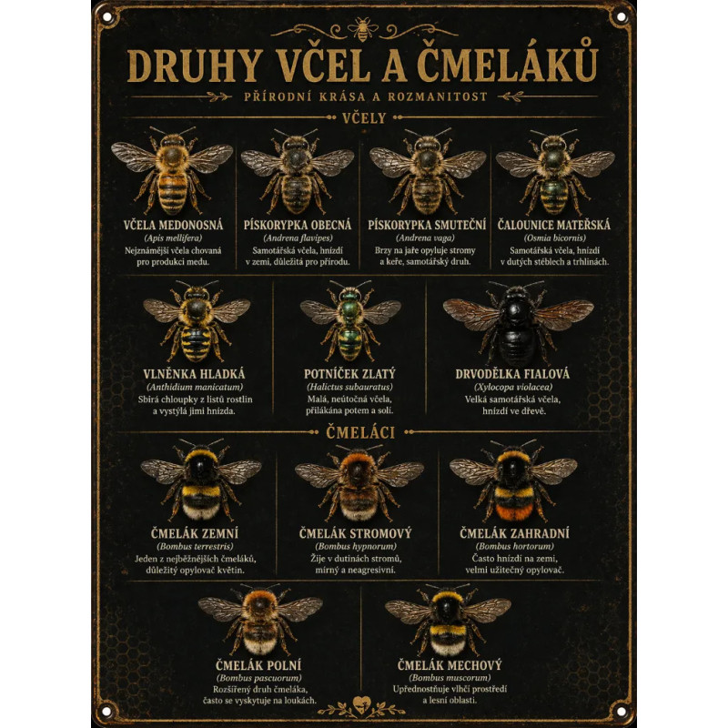 Naučná cedule Druhy včel a čmeláků – Luxusní černo-zlatý design