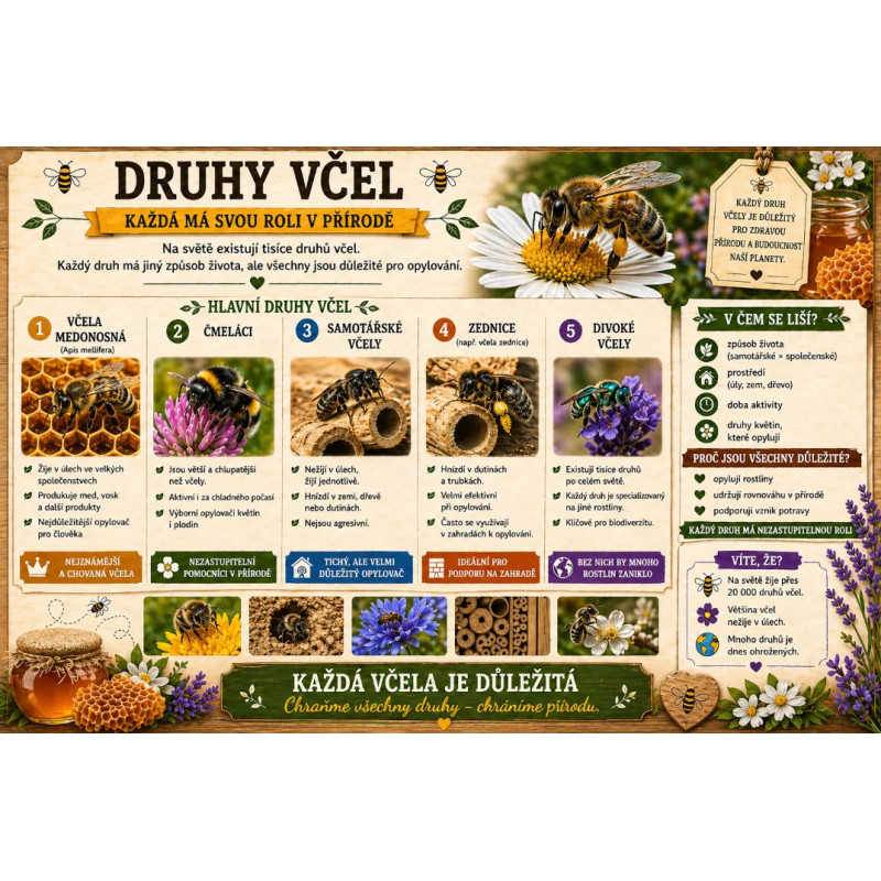 Naučná cedule Druhy včel – Každá má svou roli v přírodě