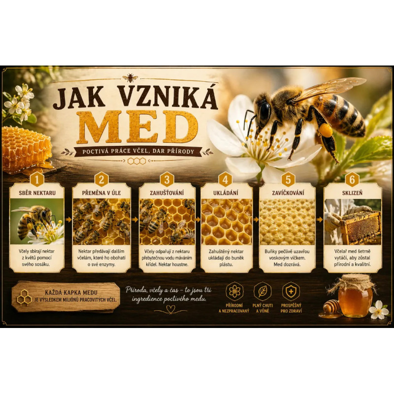 Naučná cedule Jak vzniká med – Cesta medu krok za krokem