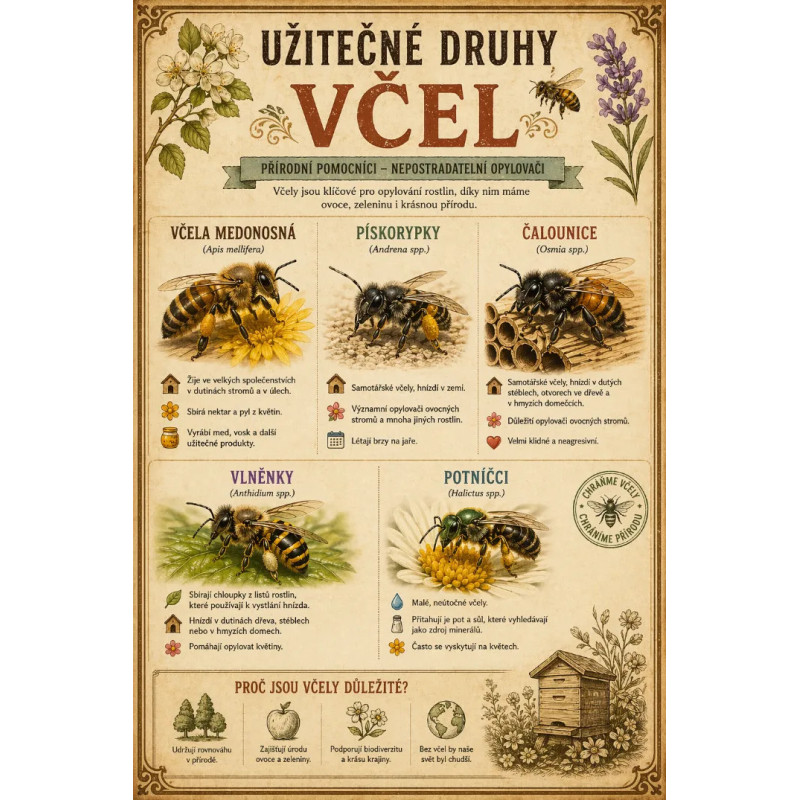 Naučná cedule Užitečné druhy včel – Přehled opylovačů v přírodě