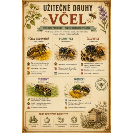 Naučná cedule Užitečné druhy včel – Přehled opylovačů v přírodě