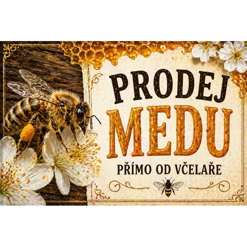 Cedule Prodej medu – Med přímo od včelaře s realistickou včelou