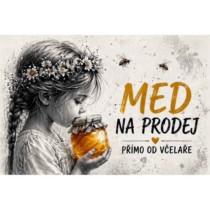 Cedule Prodej medu – Med na prodej přímo od včelaře s něžným dívčím motivem
