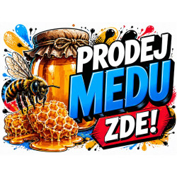 Cedule Prodej medu – Graffiti styl s modrým nápisem a pláství