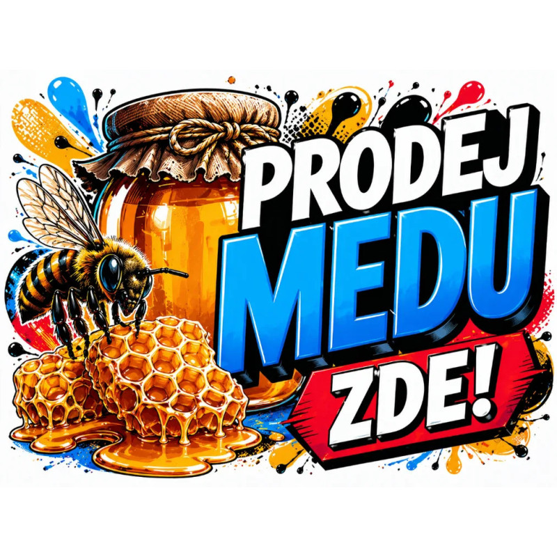 Cedule Prodej medu – Graffiti styl s modrým nápisem a pláství