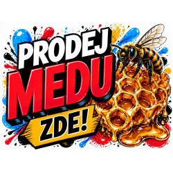 Cedule Prodej medu – Graffiti styl s červeným nápisem a pláství