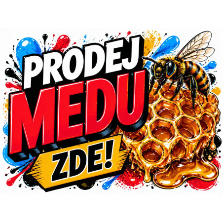 Cedule Prodej medu – Graffiti styl s červeným nápisem a pláství