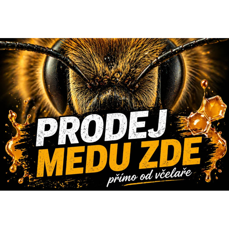 Cedule Prodej medu – Extrémní makro včely s výrazným kontrastem