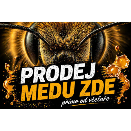 Cedule Prodej medu – Extrémní makro včely s výrazným kontrastem