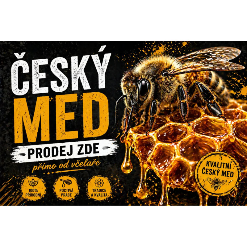 Cedule Prodej medu – Český med s makro včelou a pláství