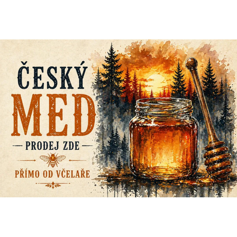 Cedule Prodej medu – Český med s lesním motivem a západem slunce