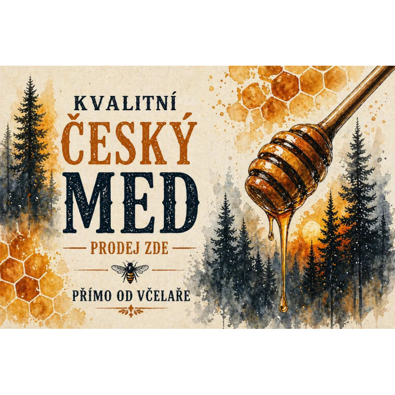 Kvalitní český med – prodej zde s motivem lesa a medové lžíce
