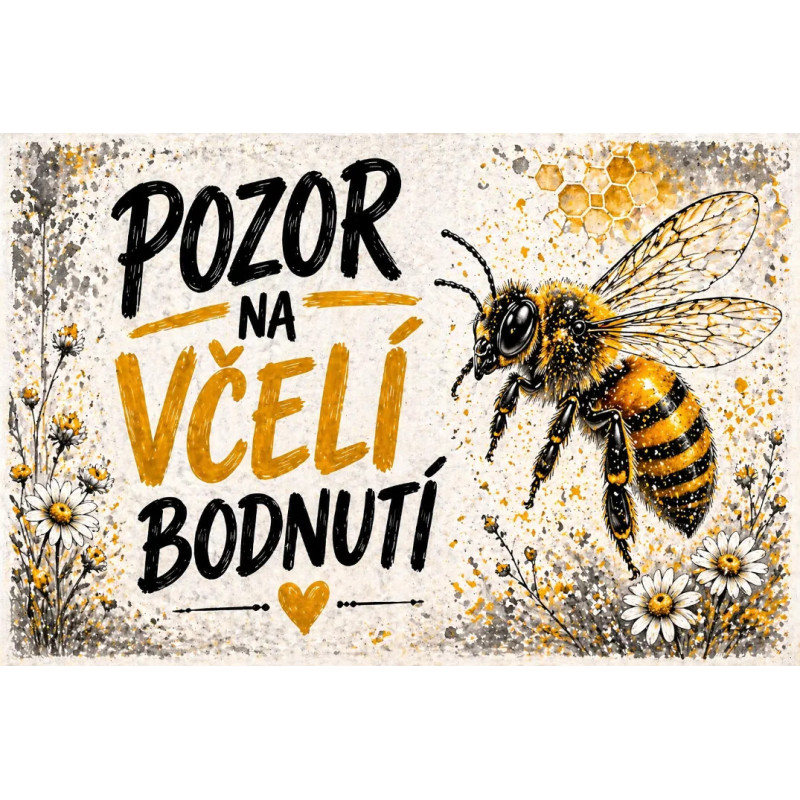 ⚠️ Pozor na včely – mohou bodnout, přírodní ilustrace s květy